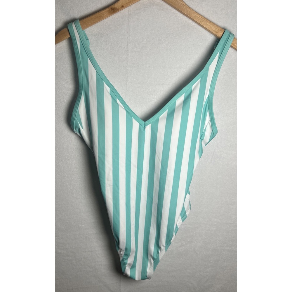 Kona Sol Women Striped One Piece Swimsuit Small Aqua White Nautical Coastal Sz M